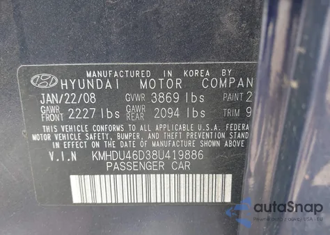 2008 Hyundai Elantra Gls/Se из США, поврежденный, VIN KMHDU46D38U419886